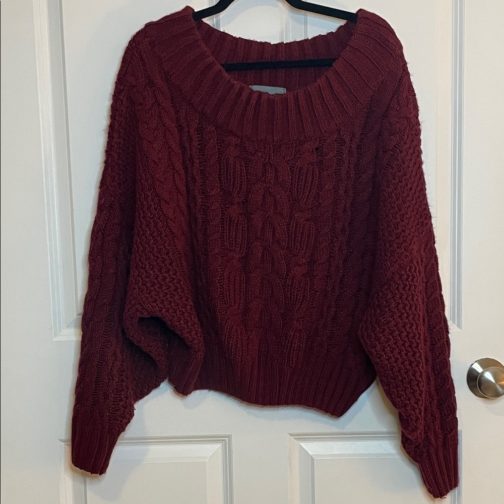 Anthropologie Burgundy Cable Knit Chunky Sweater Women’s Large EUC